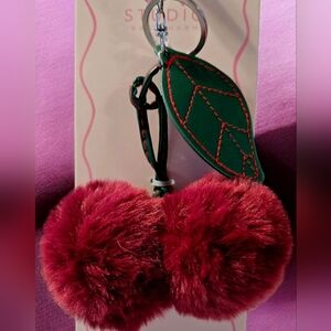 Studio Cherry Pom Pom BagnCharm Keychain - Red and Green 6 Inches New With Tags
